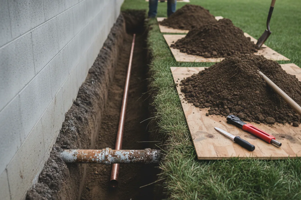Excavated water line trench during Water Heater Repair in Thibodaux